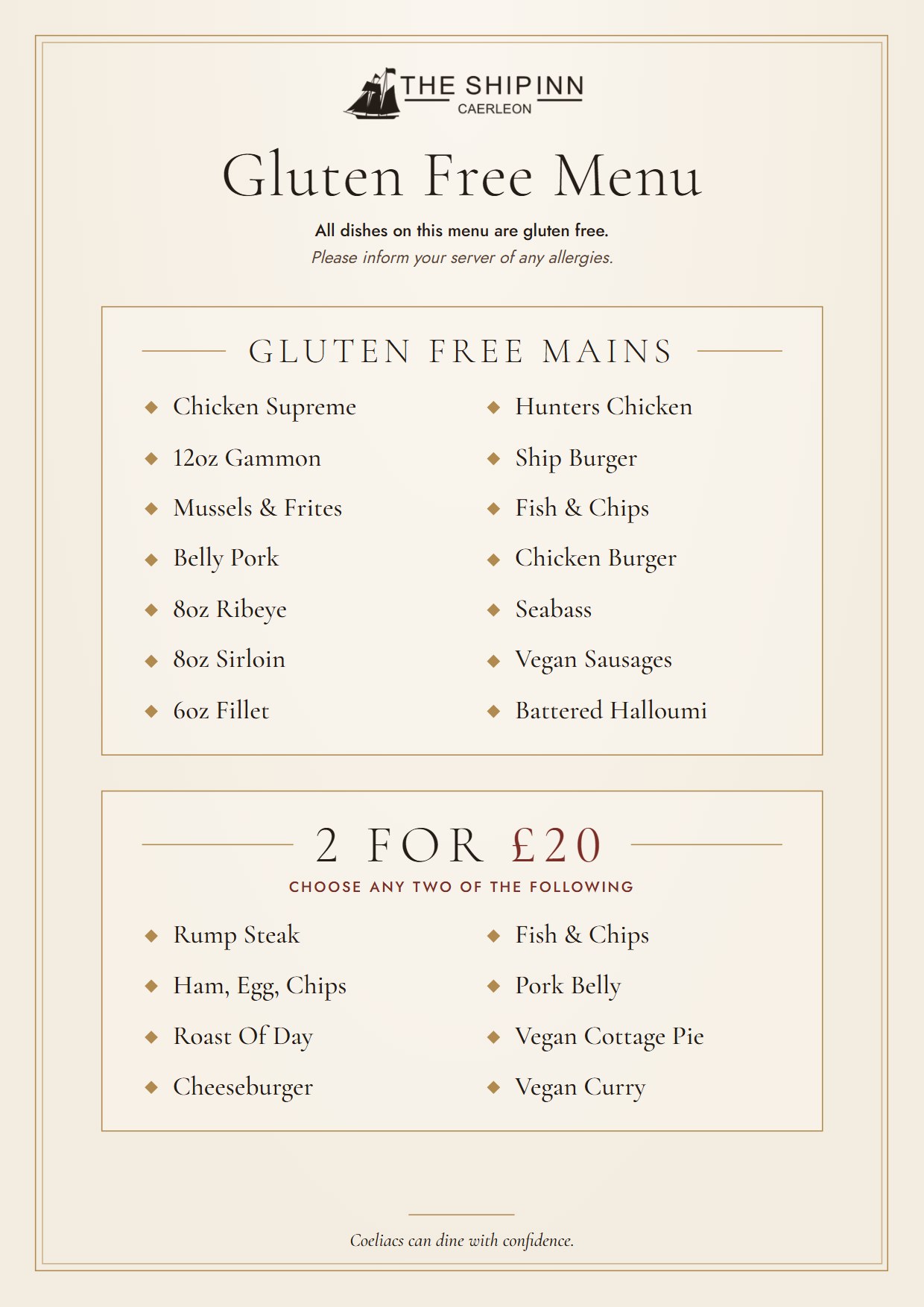 The printed gluten free menu, with the gluten free mains and the 2 for £20 choices