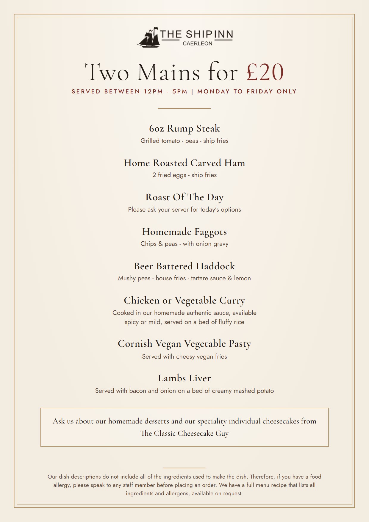 The printed two mains for £20 menu