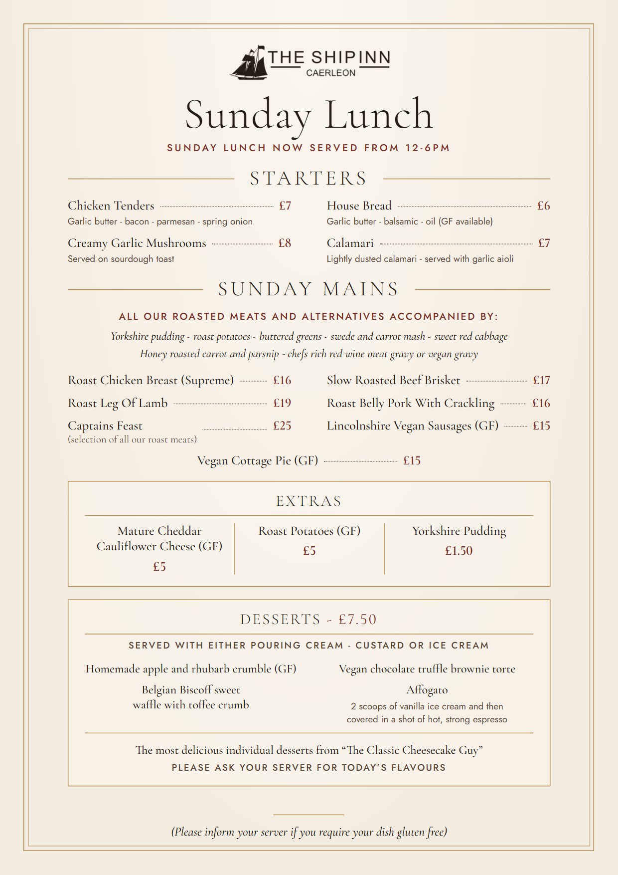 The printed Sunday lunch menu